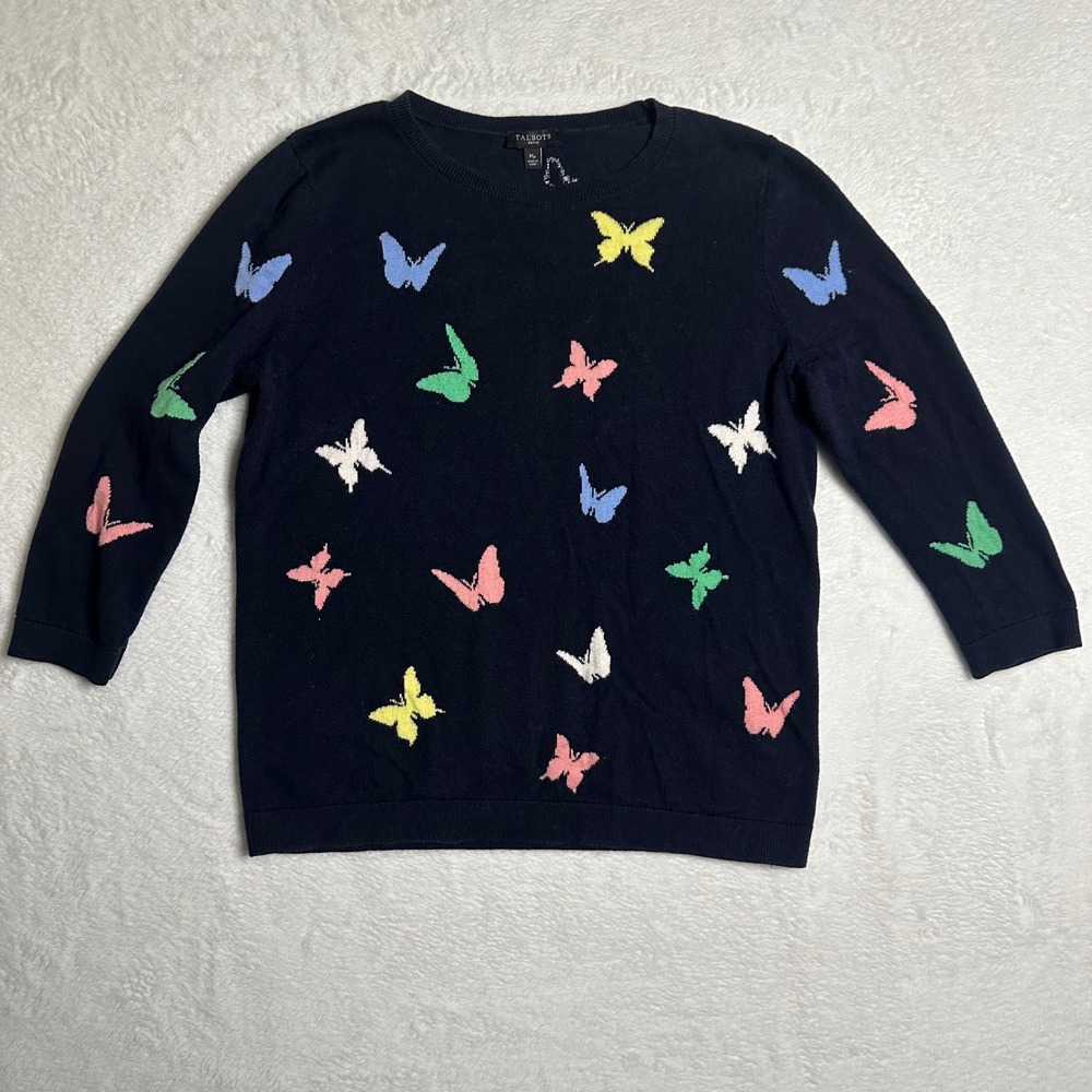 Talbots Petite Medium Navy Blue Butterfly Knit Sweater Crewneck Cottagecore